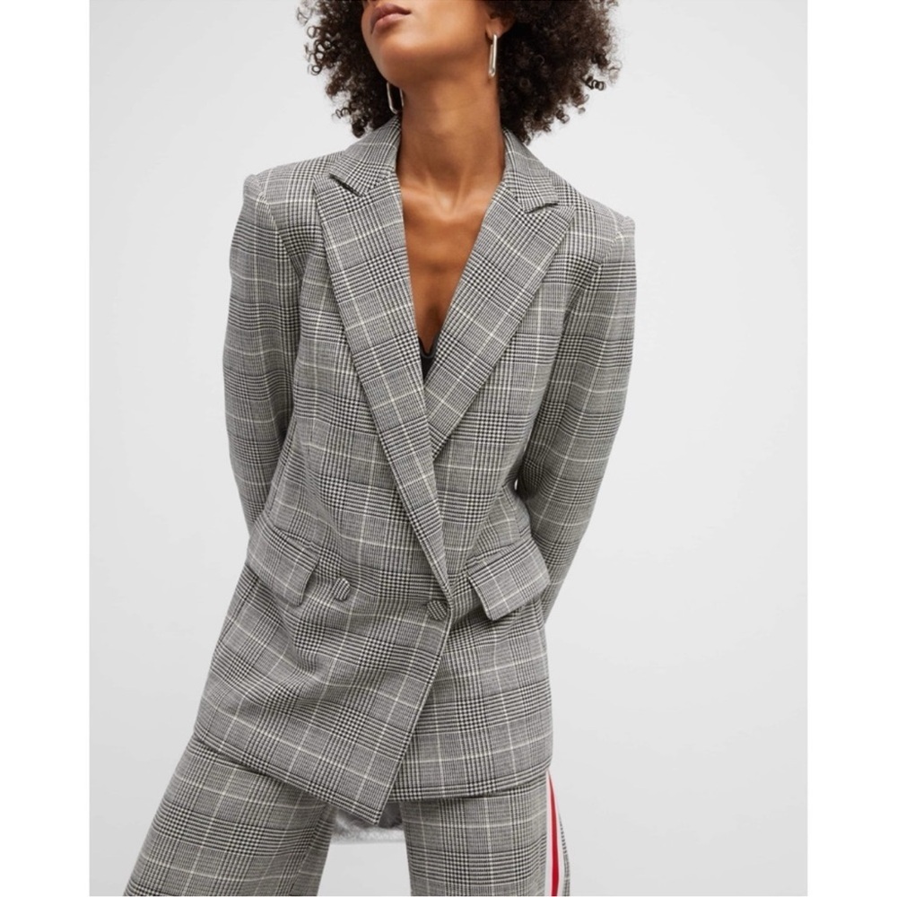 Alice + Olivia Arias Blazer Strong Shoulder Jacket Black White Glen Plaid - Picture 2 of 12